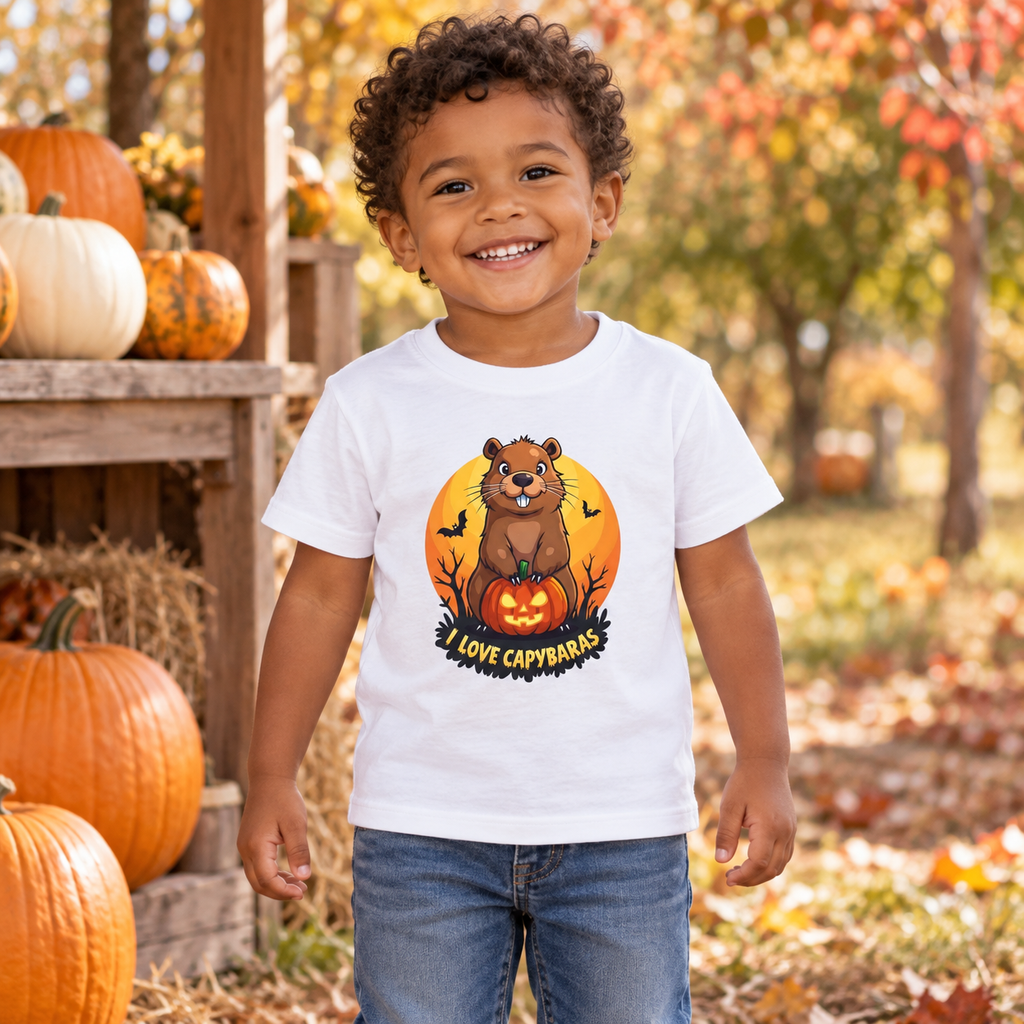 AI-created lifestyle mockup: child wearing the White I Love Capybaras Halloween toddler tee in an autumn orchard.