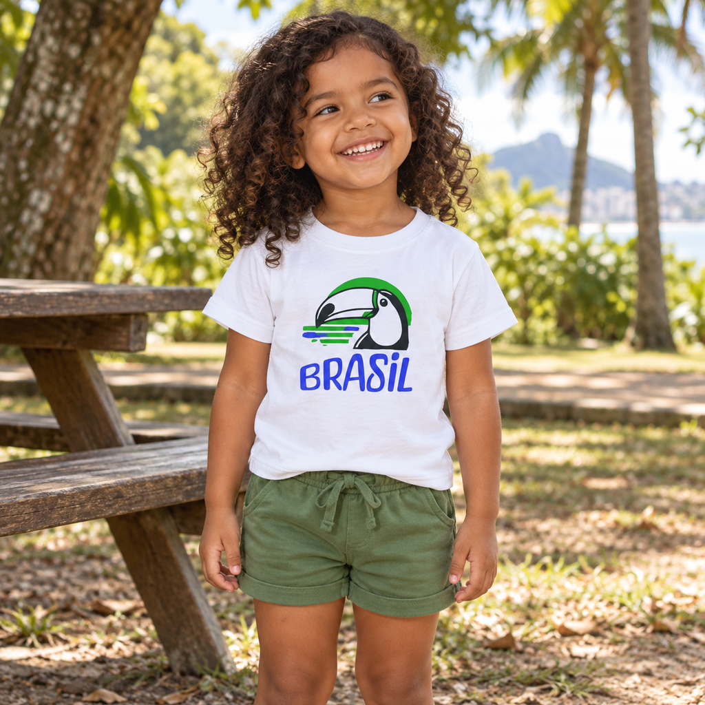 AI-created lifestyle mockup of a child wearing the White Brasil toucan tee beside a park picnic bench.